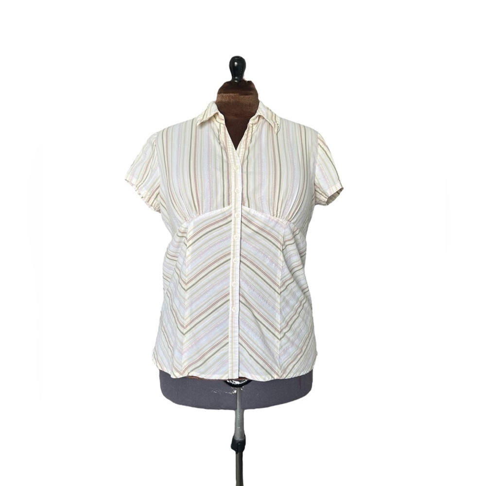 Faded Glory Striped Button Down Blouse Metallic Stretch Neutral Earth Tone Sz L